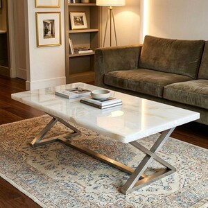 White Onyx Rectangle Coffee Table, Handmade Gemstone Luxury Living Room Furniture