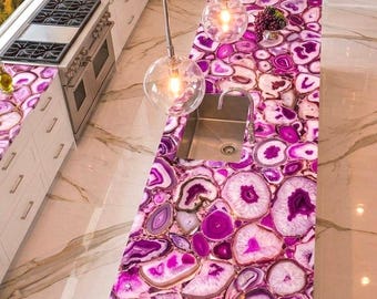 Pink Agate Luxury Countertop: Custom Semi-Precious Stone Slab Island Top