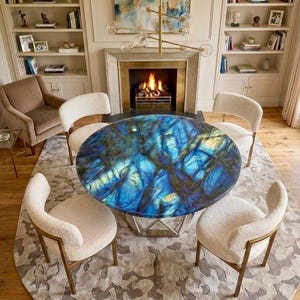 Round Polished Labradorite Coffee Table Top – Iridescent Blue Stone Slab Art