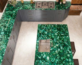 Handmade Green Agate Countertop Slab, Luxury Gemstone Kitchen Surface