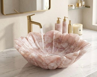 Lavabo de cuarzo rosa tallado a mano con forma de flor de loto, lavabo de baño de piedra natural