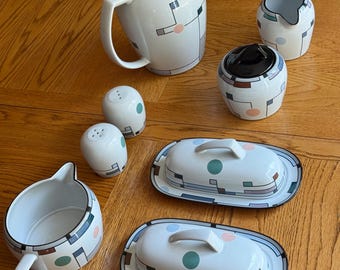 Vintage Noritake “Metronome” Stoneware China Set — Multicolor Geometric Design (1993 Japan)