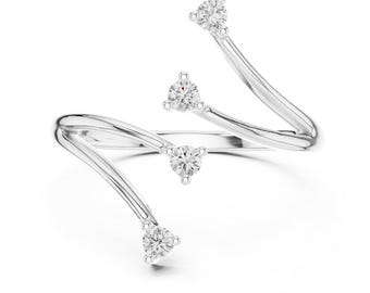 4-Stone Lab Grown Diamond Wrap Ring, Modern Spiral Open Ring, Unique 10K White Gold Bypass Ring, Statement Fine Jewelry, Anniversary Gift