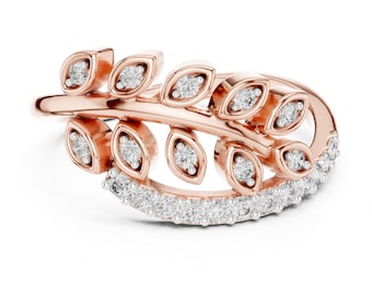 Anillo de oro rosa macizo con hojas y enredaderas, exclusivo anillo de media eternidad con diamantes, elegante joyería para amantes de la naturaleza, alianza de boda con diseño de enredadera y regalo de aniversario
