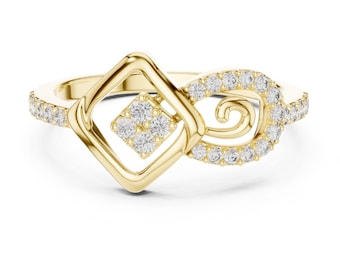 Anillo cruzado contemporáneo con diamantes pavé, anillo geométrico de oro amarillo con diamantes, anillo único de oro con diseño de racimo y volutas, regalo de aniversario para ella