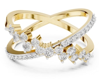 14k Gold Criss Cross Lab Diamant Ring, X-Ring Band, zweifarbiger Gold Stapelring, einzigartiges Jubiläumsgeschenk für sie, Crossover Verlobungsring