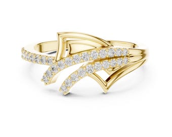 Gold & Diamond Fashion Ring, Abstract Design Wedding Band, Unique Gift for Wife, Modern Diamond-Accent Yellow Gold Ring, Statement Jewelry