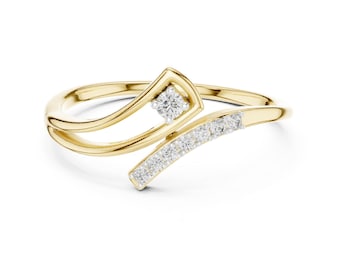 Bypass Diamond Ring, 14K Gold Wrap Statement Ring, Minimalist Crossover Open Ring, Stackable Engagement or Wedding Gift for Her, Wrap ring