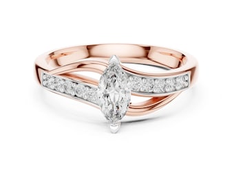 Anillo de compromiso de oro rosa de 14 k con diamantes cultivados en laboratorio, corte marquesa, con cuerpo dividido, regalo de aniversario, delicado regalo de boda para ella.
