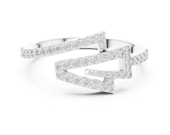 Minimalist Diamond Triangle Wrap Ring, Geometric Crossover Stacking Ring, Unique Diamond Anniversary Ring, White Gold Statement Jewelry