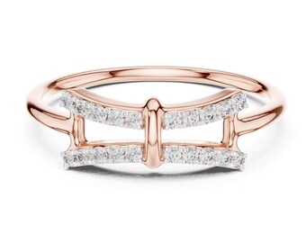 Anillo abierto de oro rosa con diamante, joyería minimalista geométrica de barra, regalo de aniversario, diseño moderno de doble barra, anillo minimalista para uso diario