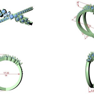 K&ouml;nnte beinhalten: 3D-Rendering eines Rings mit blauen Edelsteinen. Der Ring hat ein Doppelband-Design mit Edelsteinen, die oben eingesetzt sind. Die Ma&szlig;e sind in cm angegeben.