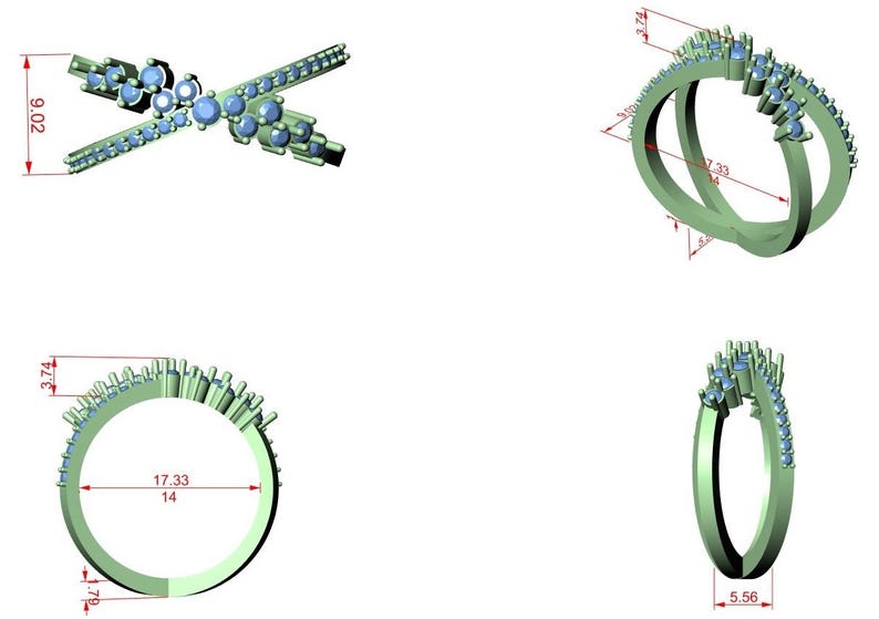 K&ouml;nnte beinhalten: 3D-Rendering eines Rings mit blauen Edelsteinen. Der Ring hat ein Doppelband-Design mit Edelsteinen, die oben eingesetzt sind. Die Ma&szlig;e sind in cm angegeben.