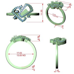 May include: A detailed diagram of a ring design, featuring a heart-shaped setting with small blue gemstones and a rectangular center stone. The ring's band is thin, and measurements are provided in millimeters, including a 11.55 mm height and a 17.03 mm diameter.