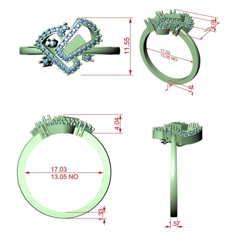 May include: A detailed diagram of a ring design, featuring a heart-shaped setting with small blue gemstones and a rectangular center stone. The ring's band is thin, and measurements are provided in millimeters, including a 11.55 mm height and a 17.03 mm diameter.