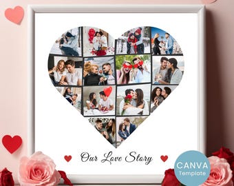 Collage de fotos personalizado en forma de corazón: plantilla de Canva, descarga digital para regalo de aniversario y San Valentín