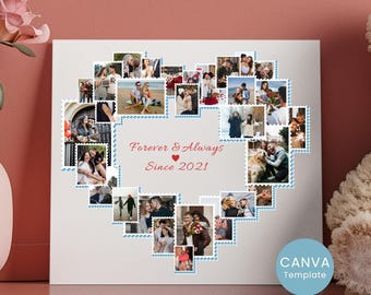 Plantilla de collage de fotos en forma de corazón: Plantilla de Canva para aniversario y San Valentín: Descarga digital personalizada