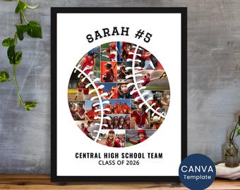 Softball Senior Photo Collage: Personalized Sports Gift, Editable Canva Template
