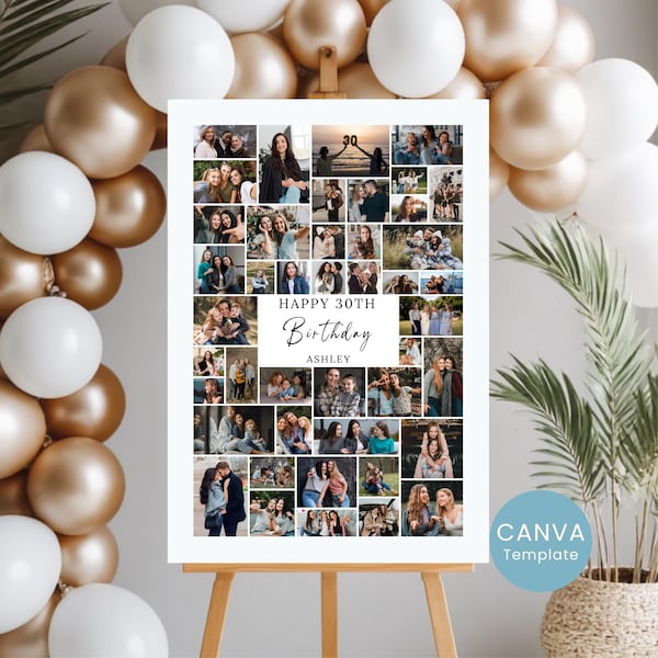 30th Birthday Photo Collage Canva Template – 44 Photos | Personalized Milestone Birthday Poster
