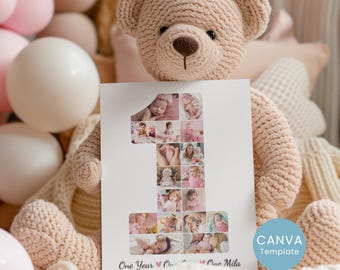 First Birthday Photo Collage: Editable Canva Template (Digital Download, Sizes 4x6 to 24x36)