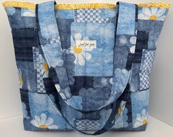 Handmade Quilted Cotton Tote Bag, Denim Blue Patchwork Print w/Polyester Batting - X-Large