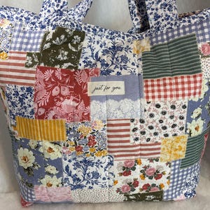 Handmade Quilted Cotton Tote Bag, Dusty Blue Patchwork Print w/Polyester Batting - X-Large