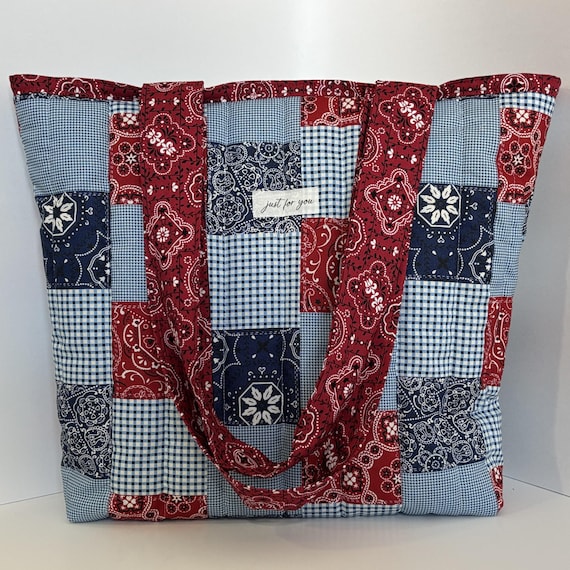 Quilted Cotton Tote Bag Handmade Bandana Patchwork Fabric Purse Large Size Shopping Lined Inside Pocket Design Americana Style Summer Beach