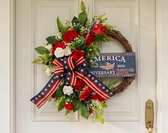 Patriotisk krans för ytterdörren, krans för USA:s självständighetsdag, kransdekor för 4 juli, dörrhängare med amerikansk flagga, America 250-dekor 2026