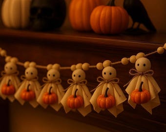 Handmade Felt Ghost & Pumpkin Garland: Cozy Halloween Mantel Decor