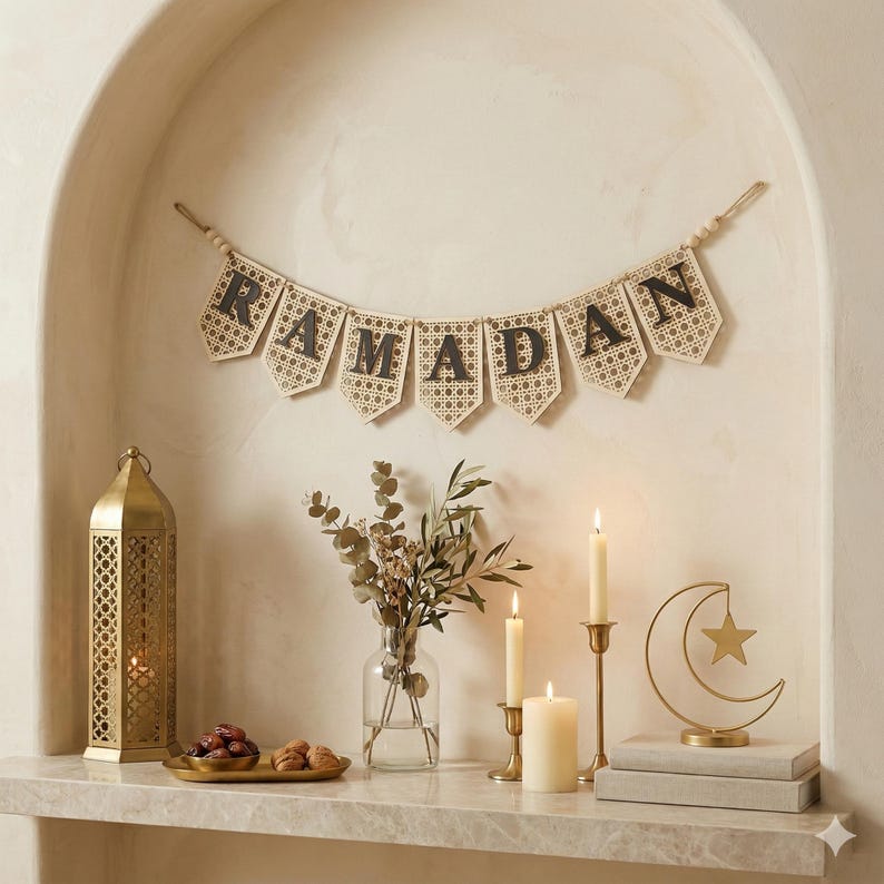 Pu&ograve; includere: Un banner decorativo del Ramadan con la scritta "RAMADAN" in lettere nere &egrave; appeso sopra una mensola. La mensola espone una lanterna dorata, un vassoio con datteri e noci, un vaso con verde, candele e una decorazione a forma di luna crescente e stella.