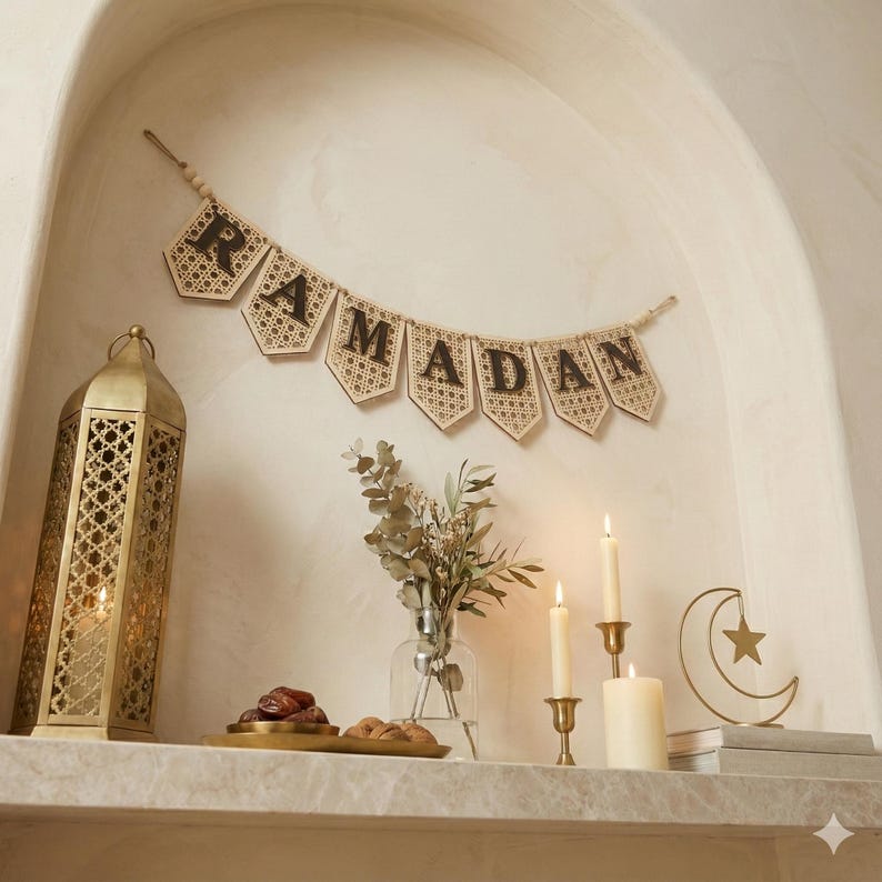 Pu&ograve; includere: Un banner decorativo del Ramadan con dettagli intrecciati &egrave; appeso sopra una mensola. Sono esposti una lanterna dorata, candele e una luna crescente con una stella. Un vaso di verde e un vassoio di datteri completano l'allestimento festivo.