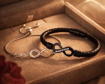 Personalized Infinity Couple Bracelets, Custom Name Matching Bracelets for Him and Her, Engraved Anniversary Gift