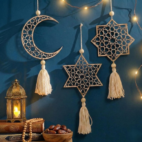 Ramadan Decor Hanging, Wooden Ramadan Moon Star Ornaments, Islamic Decoration for Home, Ramadan Gift Ramadan Home Decor