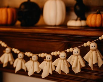 Halloween Ghost Garland: Boho Fabric Banner with Wooden Beads