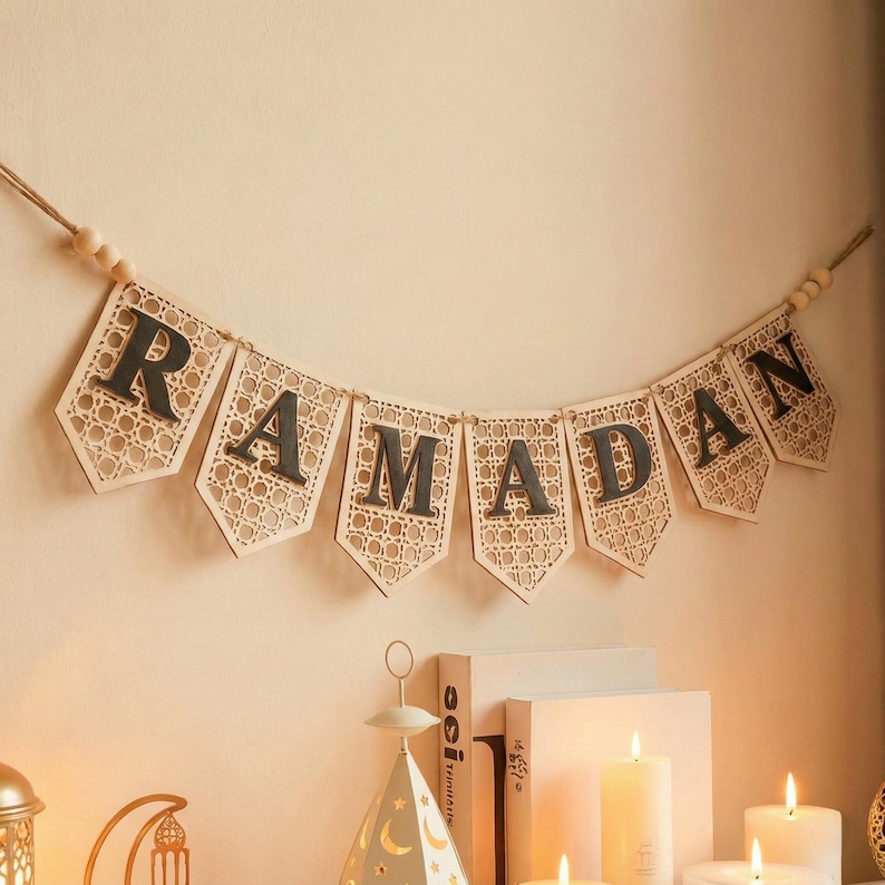 Pu&ograve; includere: Un banner del Ramadan con la parola "RAMADAN" scritta su singole bandierine. Le bandierine sono beige con un motivo intrecciato e lettere grigio scuro. Il banner &egrave; appeso a uno spago con perline di legno, adatto per le feste.