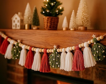 Handmade Christmas Garland: Felt Trees, Tassels & Wooden Beads