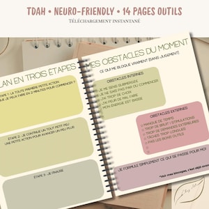 Peut inclure: Un carnet à spirales de couleur crème avec des pages et du texte en français. Le carnet comprend les titres "MES OBSTACLES DU MOMENT" et "PLAN EN TROIS ÉTAPES". Il est conçu pour le TDAH et est neuro-friendly, avec 14 pages d'outils.