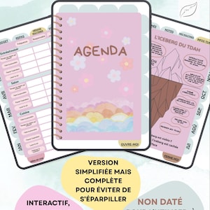 Può includere: Agenda digitale per la gestione dell'ADHD. La copertina rosa presenta "AGENDA" con dettagli floreali e un paesaggio ad acquerello. Include pagine interattive, compatibile con GoodNotes e Notability.