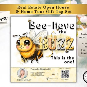 Op de afbeelding: Een cadeaulabelset voor open dagen en rondleidingen in onroerend goed. Het ontwerp toont een cartoonbij met de woorden "Bee-lieve the Buzz" en "This is the one!" De set bevat een display flyer en agent branding.