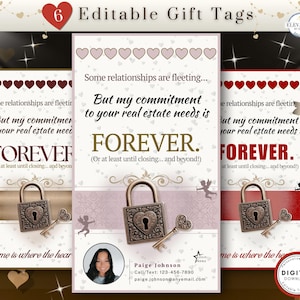 以下が含まれることがあります： 「FOREVER」の文字と「しかし、あなたの不動産ニーズに対する私のコミットメントは」というフレーズが入ったギフトタグ。タグには南京錠と鍵のデザインがあり、ハート型の鍵が付いています。タグは不動産用です。