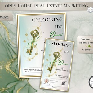 Puede incluir: Dos folletos de marketing inmobiliario con el texto "UNLOCKING the Charm!" y una ilustración de llave dorada. Los folletos forman parte de un conjunto de 6 piezas para la marca de agente personalizable. La frase "Open House Real Estate Marketing" está en la parte superior.
