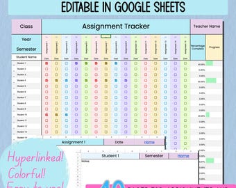 Google Spreadsheets-toewijzingstracker, digitale planner voor docenten, notities voor opdrachten en leerlingen, organizer voor docenten, direct downloaden, hyperlinks