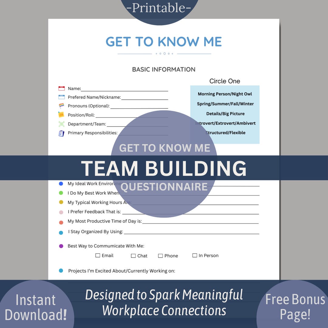 Team Building Get to Know Me Questionnaire Printable, Ice Breaker ...