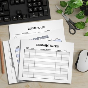 May include: A stack of white paper sheets featuring printed assignment tracker and daily to-do list templates with black text, grid lines, and columns for assignment descriptions, due dates, and status, organized for academic or project planning.
