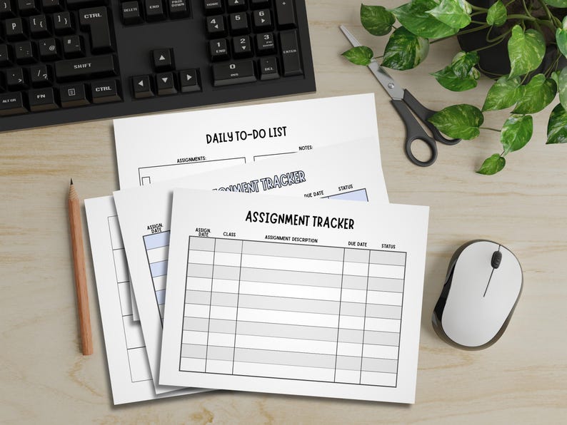 May include: A stack of white paper sheets featuring printed assignment tracker and daily to-do list templates with black text, grid lines, and columns for assignment descriptions, due dates, and status, organized for academic or project planning.