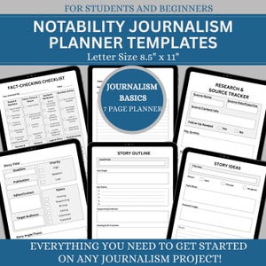 May include: Digital journalism planner templates for students and beginners. Includes fact-checking checklists, story outlines, and research trackers. Letter size is 8.5" x 11". The templates are designed to help with any journalism project.
