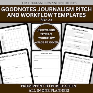 May include: Digital templates for journalism, including an editorial calendar, pitch planning, and submission log. The templates are designed for freelancers and students, with a focus on workflow. The planner is size A4 and includes an 8-page planner.