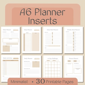 Könnte beinhalten: A6-Planereinlagen mit minimalistischem Design. Das Bild zeigt verschiedene Planerseiten, darunter Tages-, Wochen- und Essensplaner, eine 30-Tage-Challenge und einen Fitnessplaner. Der Text auf dem Bild lautet "Minimalistisch" und "30 bedruckbare Seiten."