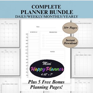 May include: A complete planner bundle featuring daily, weekly, monthly, and yearly templates. The set includes 10+ pages, an instant download option, and a Mini Happy Planner measuring 4.62 inches by 7 inches, plus 5 free bonus planning pages.
