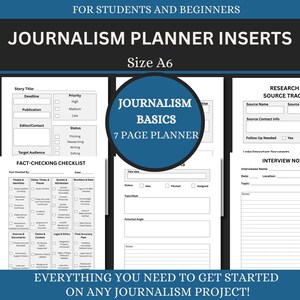 May include: Journalism planner inserts in A6 size. The pages include sections for story titles, deadlines, fact-checking, research, and interview notes. The planner is designed for students and beginners, with the text "Journalism Basics" on the cover.